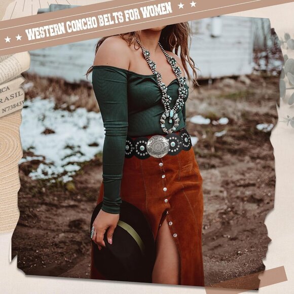 Woman's Western PU Leather Belts Concho Disc Wide Waist Belt Black Silver Buckle - Picture 3 of 6